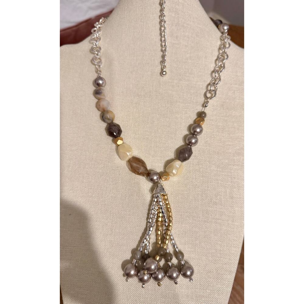NWT Macy’s Neutral Beaded Tassel Statement Necklace 32” + 4”